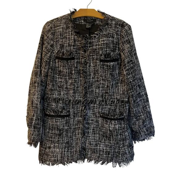 Sandro Tweed Long Jacket Black Boucle Blazer Fringe Collarless Classic Size L - Picture 1 of 12